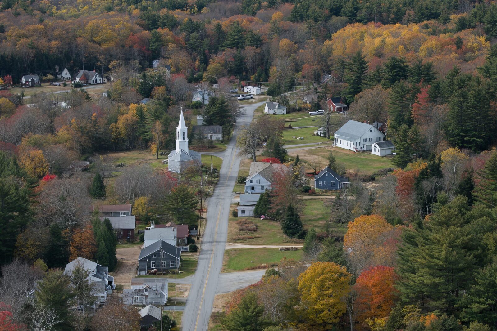 An aerial view of houses and trees in autumn