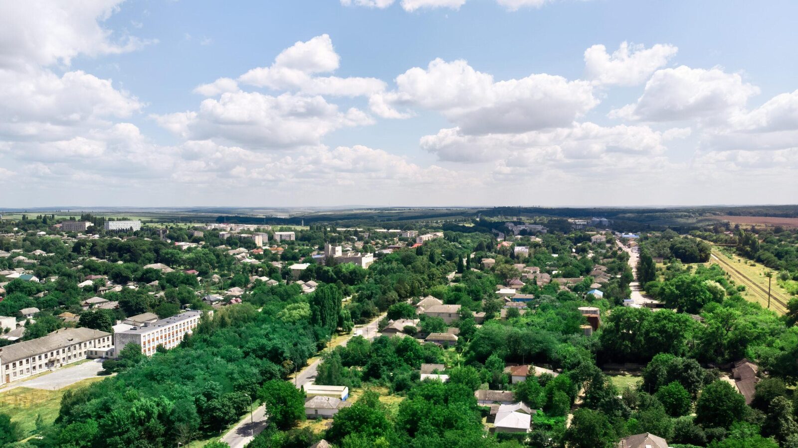 An aerial view of houses and trees