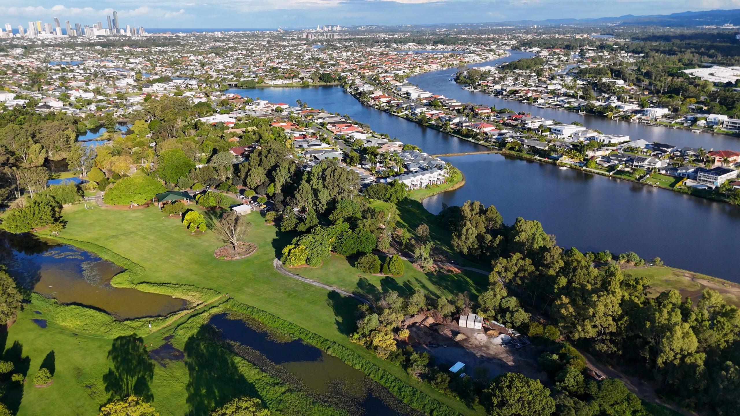 An aerial view of houses and trees