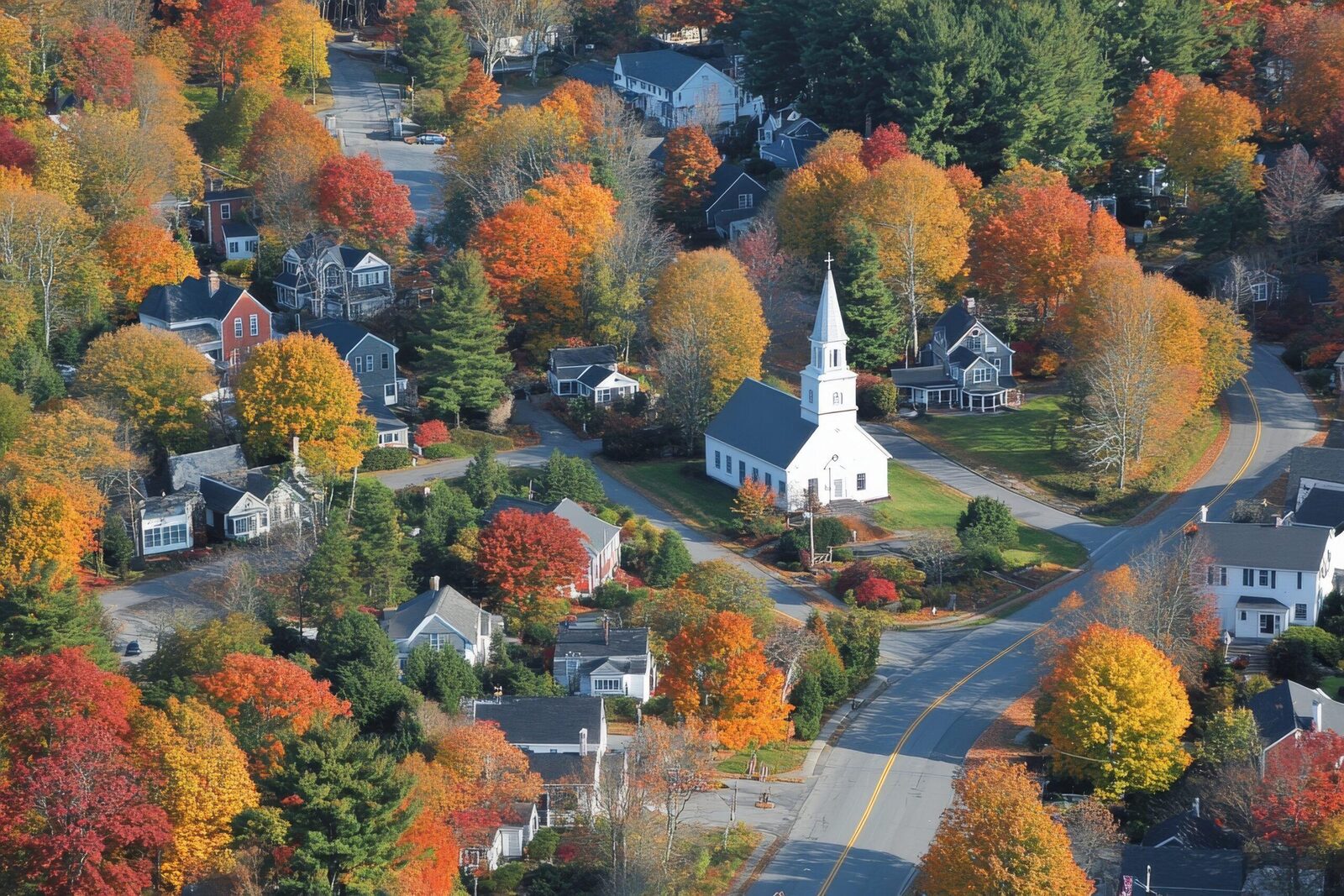 An aerial view of houses and trees in autumn