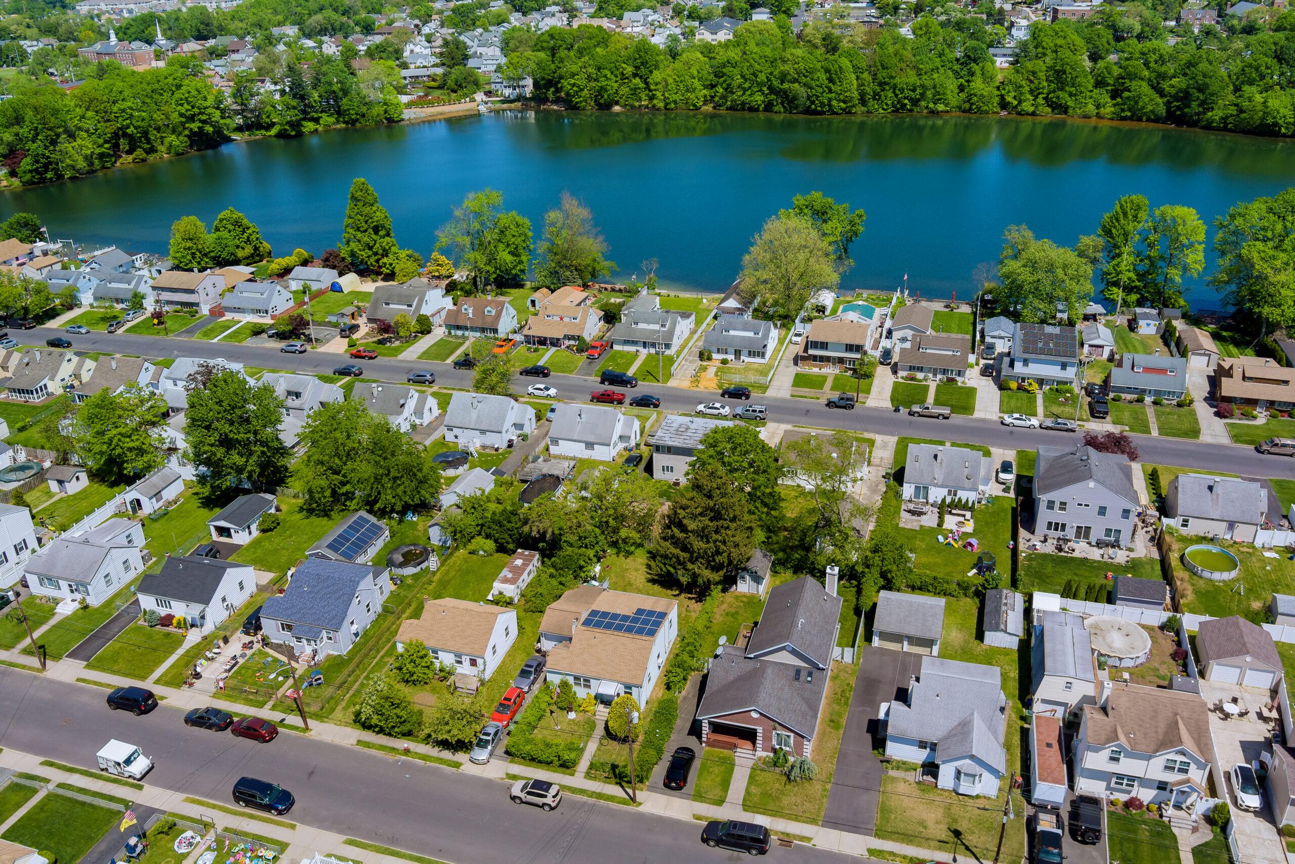 An aerial view of houses and trees