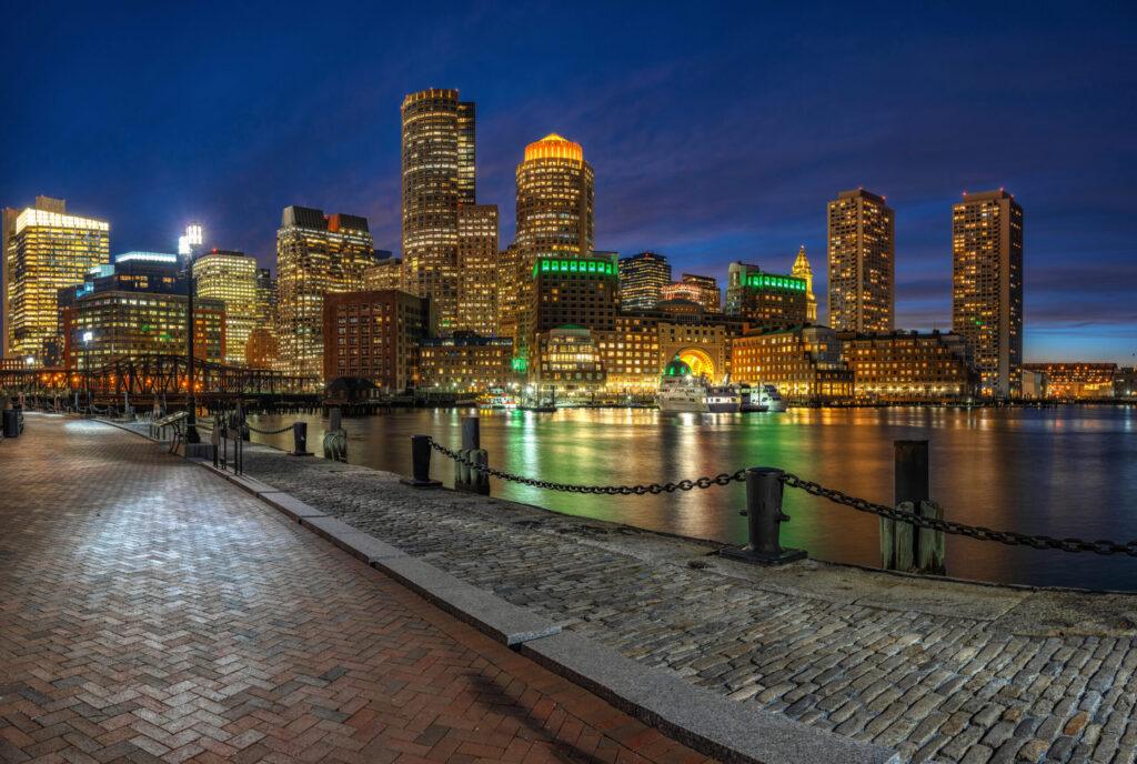 Panorama of Boston skyline from Fan Pier at the fantastic twilight