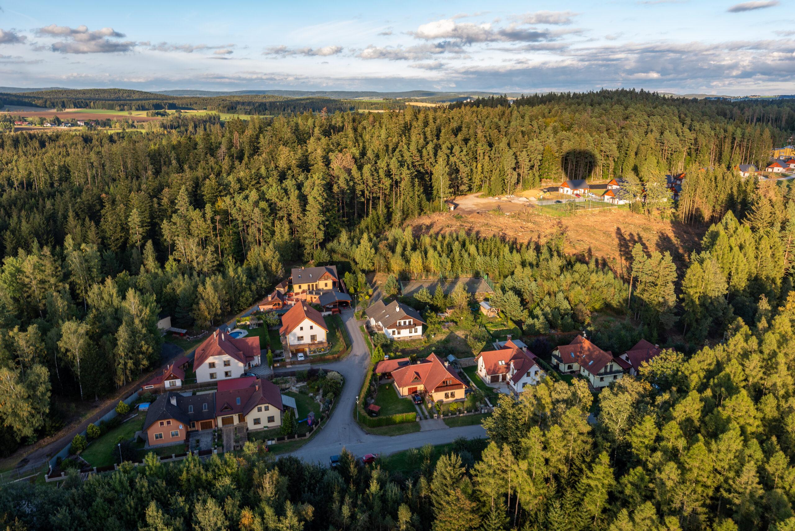 An aerial view of houses and trees