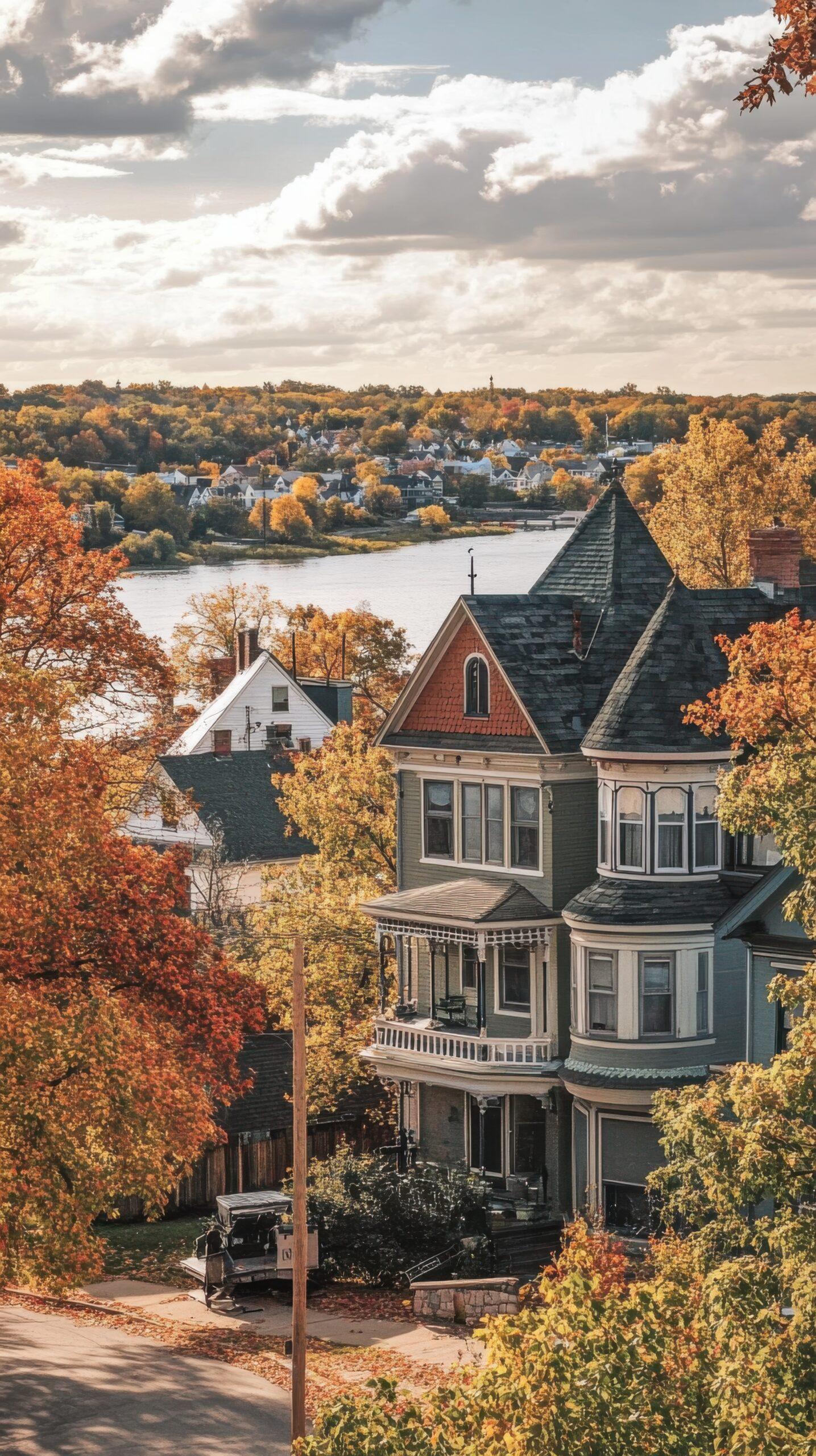Houses near the water in autumn