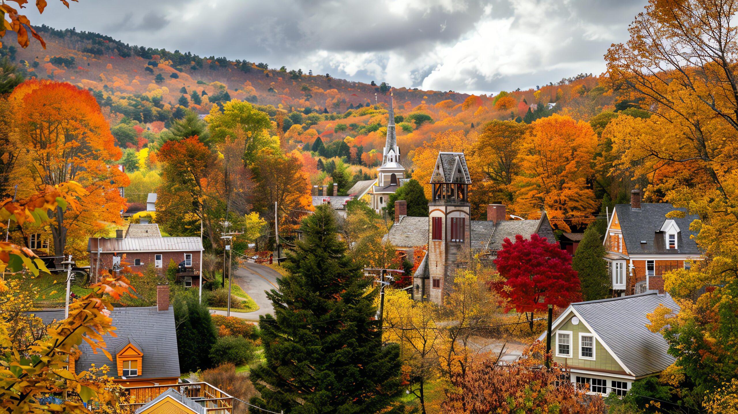 A village main street in autumn