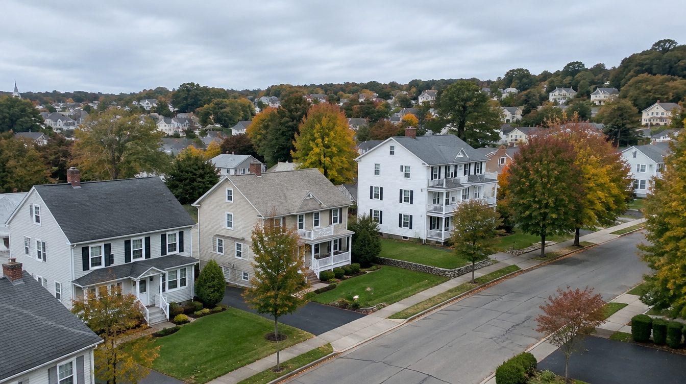 An aerial view of houses and trees